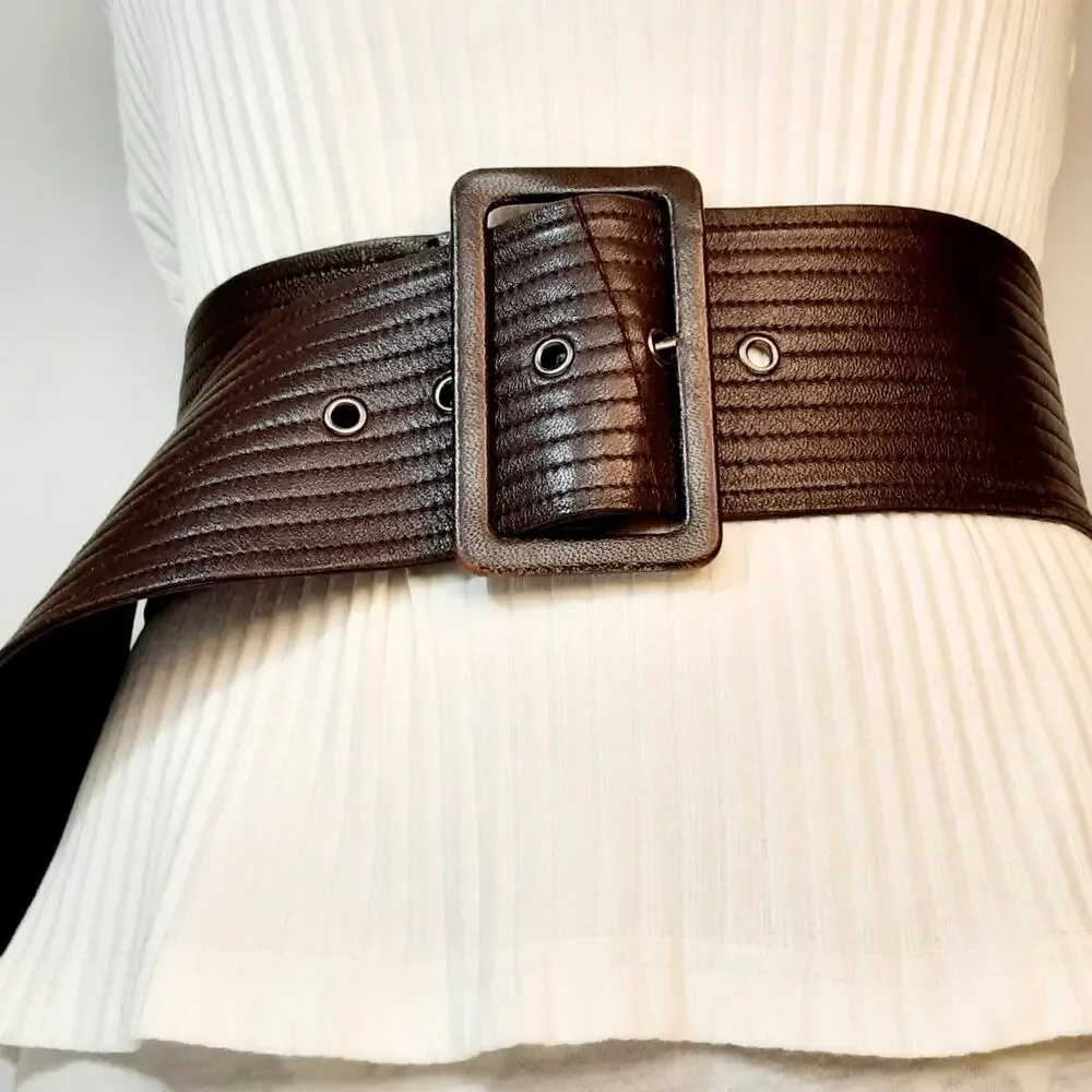 💎Armani Exchange Womens Dark Brown Wide Ribbed Leather Belt Size XS Soft